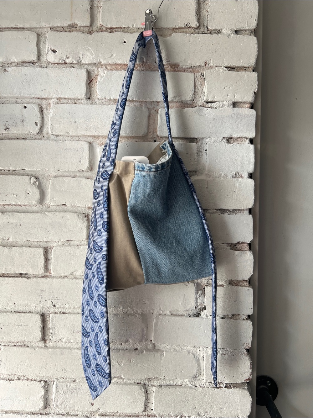 Hand made - Blue Paisley Strap Mixed-Material Shoulder Bag
